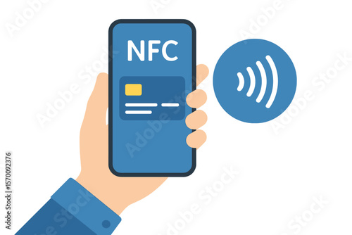 The concept of Near Field Communication is represented by a hand holding a phone with a contactless wireless pay sign logo, symbolizing NFC technology and payment with a mobile phone, as an
