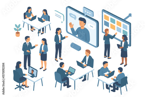 Vector illustration of an isometric virtual office where business people collaborate and technology companies utilize workspace and teamwork platforms