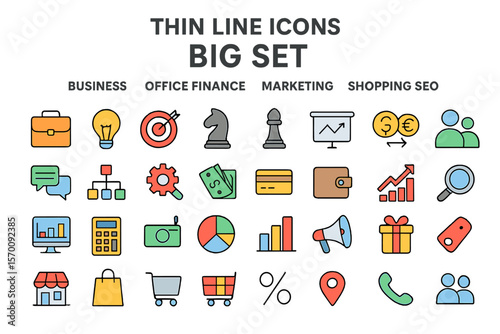 A large collection of thin line icons is available, covering various themes such as Business, Office, Finance, Marketing, Shopping, SEO, and Contact, presented as vector illustrations