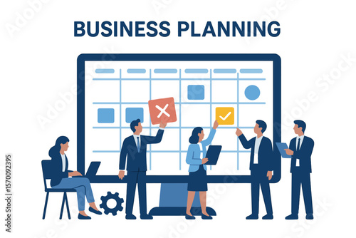 Flat vector illustration design Business planning concept and Business people team working with digital online calendar’ becomes ‘Vector illustration of business planning concept featuring a team of