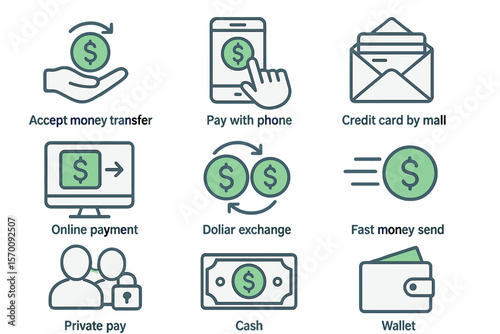 Vector illustrations of payment wallet line icons, including money transfer acceptance, mobile payments, and credit card transactions via mail, as well as online payment methods, currency exchange