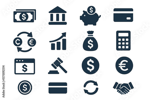 Vector business and finance icon set featuring money, bank, piggy, credit, exchange, graph, deposit, calculator, web, law, dollar, euro, coin, card, currency, handshake and other isolated silhouette