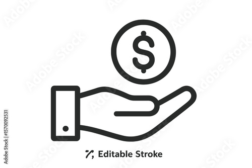 A simple hand with a coin line icon is presented as a symbol and sign vector illustration design with editable stroke, isolated on a white background