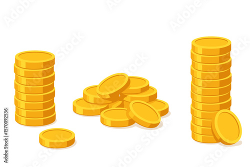 A collection of gold coins stacked together, along with piles of money and gold, presented as an isolated vector set