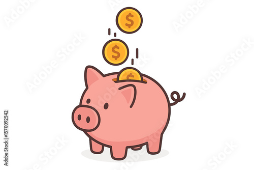Illustration of a money box and piggy bank with falling gold coins, representing deposit banking and cash investment concepts