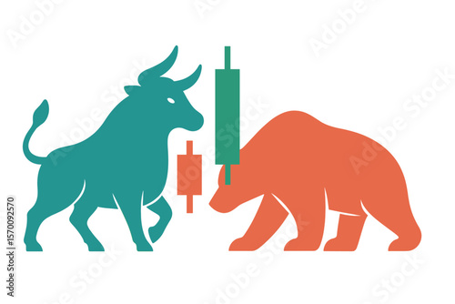 The notion of a  market exchange is represented by a graphic that combines a bull and bear with a candlestick
