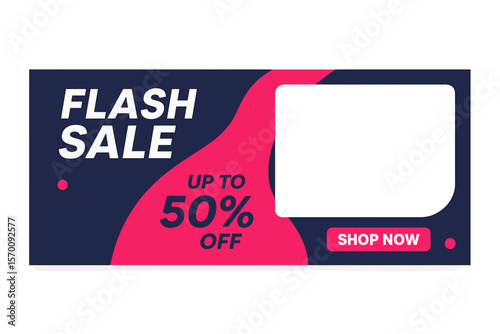 Facebook cover page template for flash sale featuring a modern dark blue background and vibrant pink accents with photo placeholders and custom text