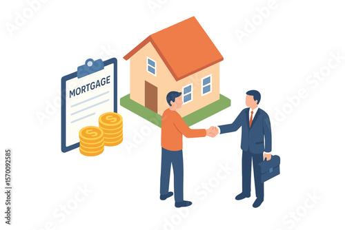 A character is depicted buying a mortgage house and shaking hands with a real estate agent, symbolizing people investing money in real estate property, including concepts of house loans, rent, and