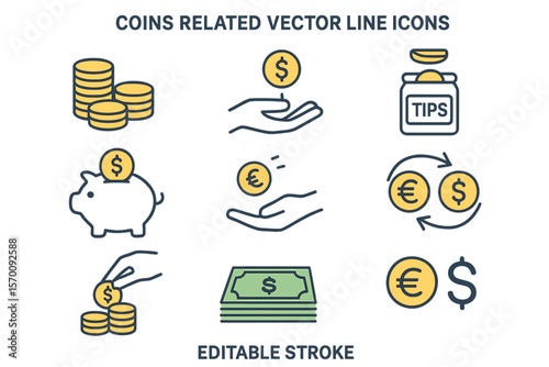 This vector line icon set is related to coins and includes icons like a stack of coins, donation, a tips jar, piggy bank, coin toss, exchanging money, saving, a stack of banknotes, the euro sign, and