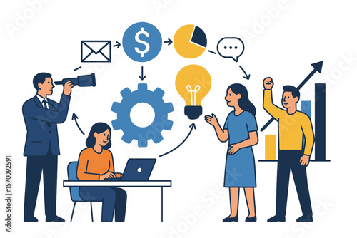 Flat vector illustration design representing Business process and business team working concept