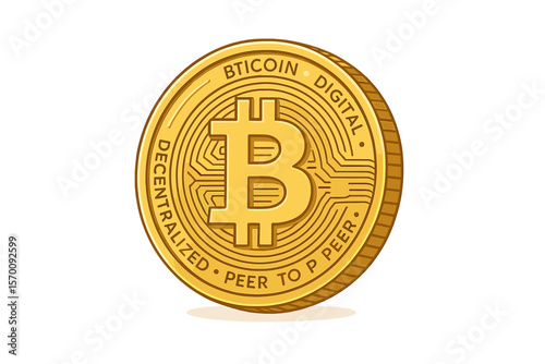 The concept of bitcoin is represented by a physical bitcoin, a digital currency, and a cryptocurrency, symbolized by a golden coin with the bitcoin symbol on a white background in a  vector
