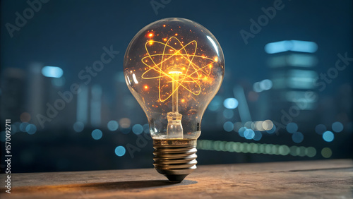 Bright idea light bulb with atomic structure glowing against a blurred city skyline at night