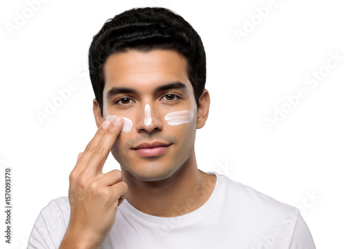 Young Brazilian Man Applying Sunscreen Lotion to His Face