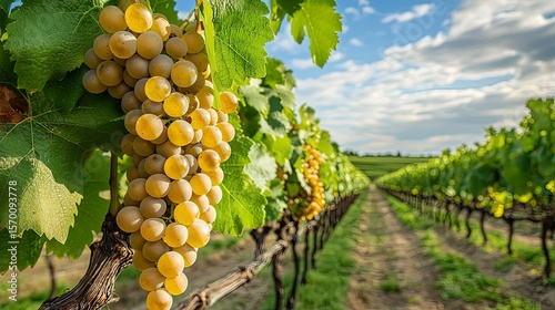 Beautiful Vineyard with Lush Green Grapevines and Golden Grapes under Sunny Blue Sky and White Clouds, Tranquil Romantic Nature Landscape
