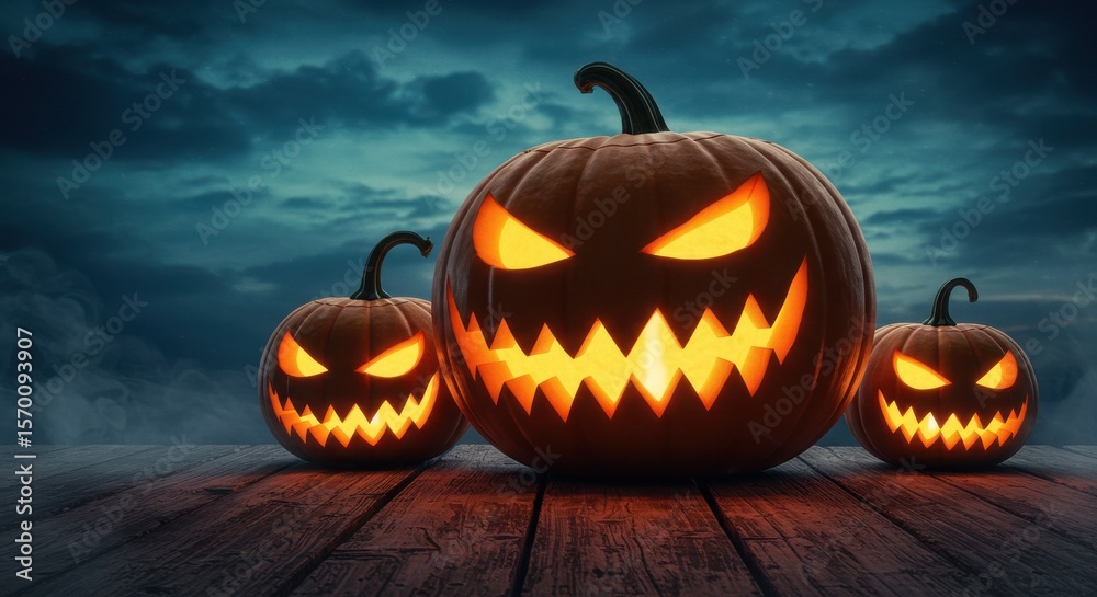 Naklejka premium Halloween JackoLanterns Spooky Pumpkins on Wooden Dock Night Sky Background