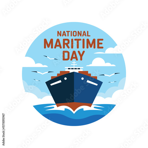 National Maritime Day Celebration with a Cargo Ship Illustration on a Round Badge, Featuring Blue Waves and Sky, Seagulls