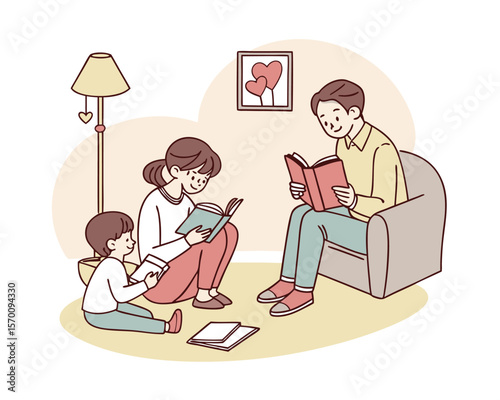 Happy Family Reading Books Together at Home