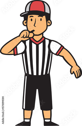 Friendly cartoon referee in red cap blowing whistle and signaling with hand. A perfect addition for youth sports or playful designs.