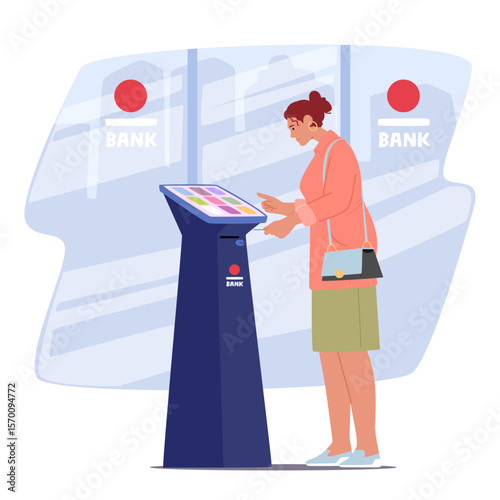 Woman using bank self-service electronic terminal for payment, money transfer cartoon scene