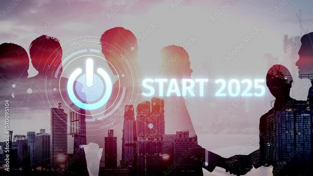 Start 2025 concept with futuristic power button symbolizing fresh beginnings, innovation, and digital transformation. Start 2025, new goals, and start 2025 initiative. Muxer