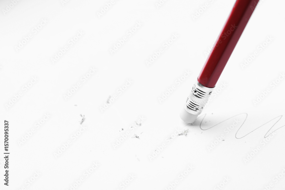 Fototapeta premium Using pencil with eraser on white background, closeup. Space for text