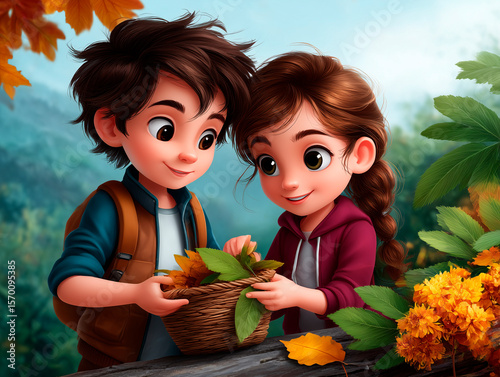 Kids exploring nature, collecting leaves and flowers in a bright, colorful outdoor scene.