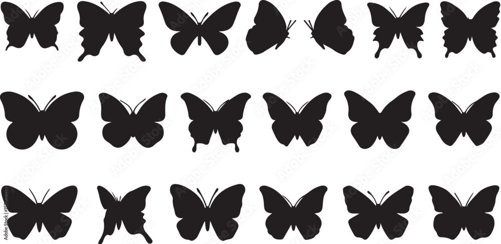 Obraz premium Set of black butterfly silhouettes vector design with wings flying nature insect icons collection