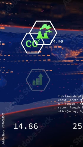 Animation of data processing with icons over world map on black background