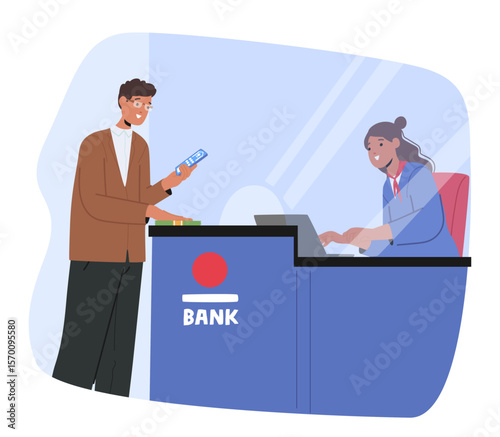 Man bank client using mobile application and having consultative talk with woman cashier scene