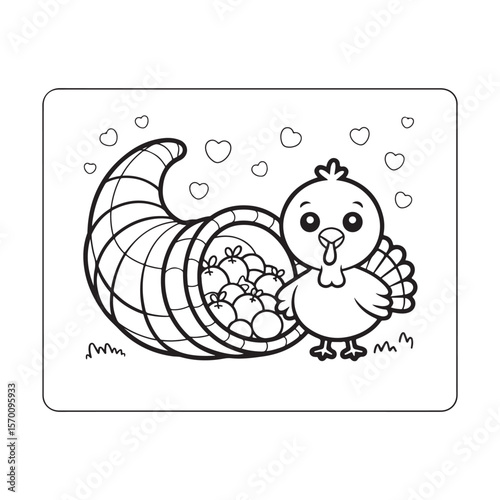Pumpkin, Scarecrow, and Cornucopia – Cute Fall Coloring Page for Kids, cute seasonal coloring page, autumn harvest coloring, thanksgiving coloring sheet, fall coloring page kids, easy bold line art, 