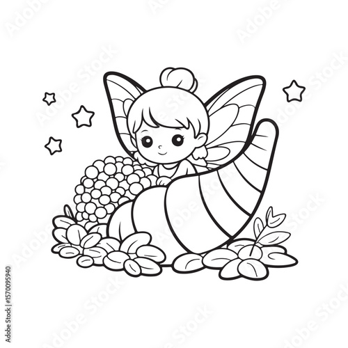 Pumpkin, Scarecrow, and Cornucopia – Cute Fall Coloring Page for Kids, cute seasonal coloring page, autumn harvest coloring, thanksgiving coloring sheet, fall coloring page kids, easy bold line art, 