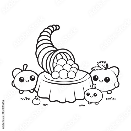 Pumpkin, Scarecrow, and Cornucopia – Cute Fall Coloring Page for Kids, cute seasonal coloring page, autumn harvest coloring, thanksgiving coloring sheet, fall coloring page kids, easy bold line art, 