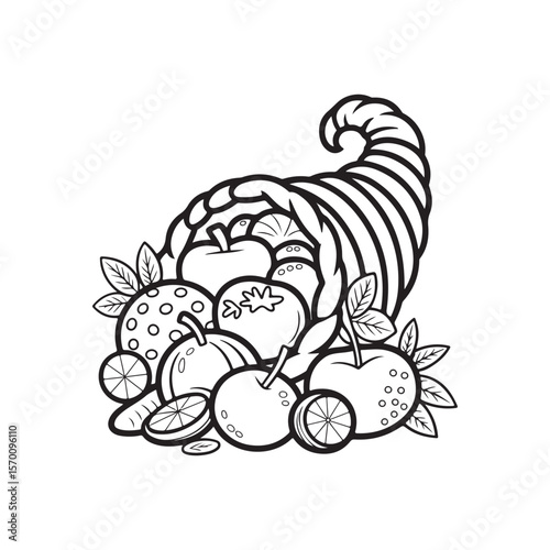Pumpkin, Scarecrow, and Cornucopia – Cute Fall Coloring Page for Kids, cute seasonal coloring page, autumn harvest coloring, thanksgiving coloring sheet, fall coloring page kids, easy bold line art, 