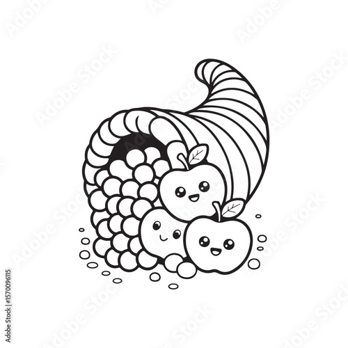Pumpkin, Scarecrow, and Cornucopia – Cute Fall Coloring Page for Kids, cute seasonal coloring page, autumn harvest coloring, thanksgiving coloring sheet, fall coloring page kids, easy bold line art, 