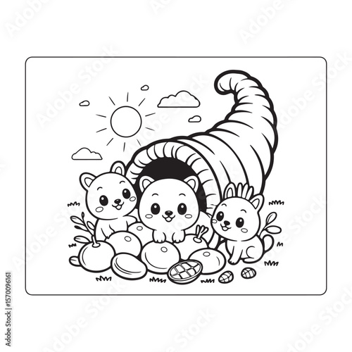 Pumpkin, Scarecrow, and Cornucopia – Cute Fall Coloring Page for Kids, cute seasonal coloring page, autumn harvest coloring, thanksgiving coloring sheet, fall coloring page kids, easy bold line art, 