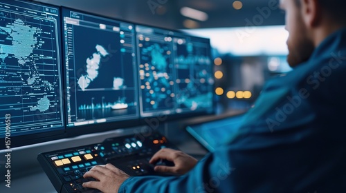 AI dashboard monitoring marine vessel routes in real-time, large digital map with moving ships and weather overlays,