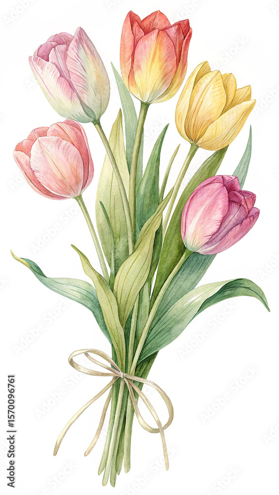 Fototapeta premium Pink yellow red tulips watercolor bouquet flowers
