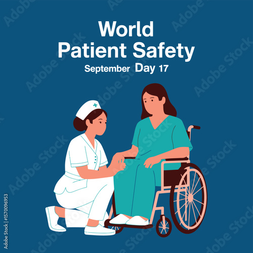 Illustration for World Patient Safety Day on September 17th A Compassionate Nurse Assists a Patient in a Wheelchair, Promoting Healthcare Awareness and Support for Medical Well-being.