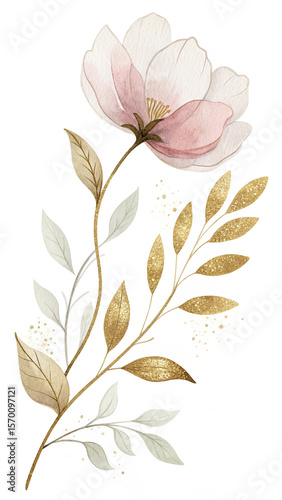Delicate pink flower with gold leaves botanical