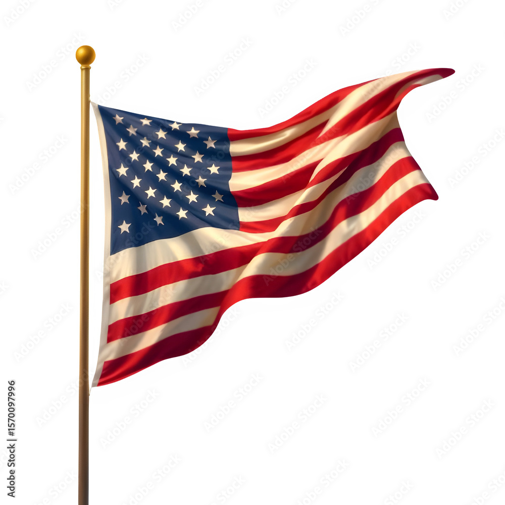 Fototapeta premium Waving United States flag with realistic fabric folds and soft shadows, high-resolution national symbol, isolated on transparent background PNG, clean detailed image