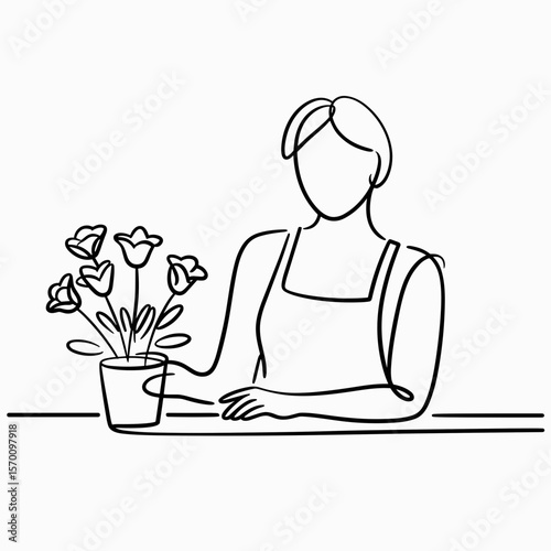 Minimalist line art of a florist with flowers at a counter  