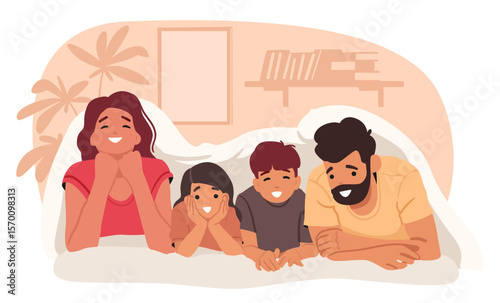 Happy family lying together under blanket at home enjoying weekend relaxation cartoon portrait
