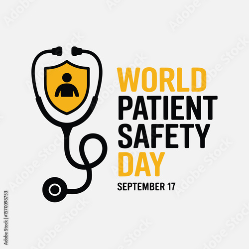 World Patient Safety Day Vector Graphic with Stethoscope and Shield Icon, Promoting Healthcare Awareness and Protection on September 17th for Medical Professionals and Public Health Initiatives.