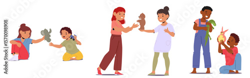 Children cartoon characters sharing toys playing together demonstrating kindness and friendship