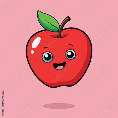 A cute cartoon apple with a happy face floats in the air