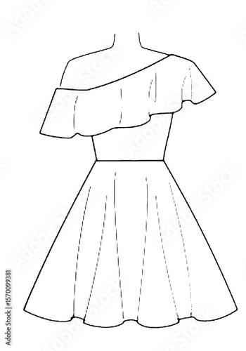 Sketch of a dress with ruffle neckline high detailed halftone dither vector design