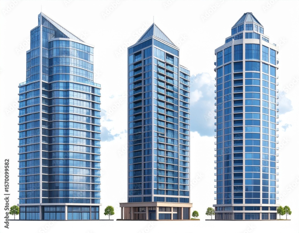 Three Modern Glass Skyscrapers in a City Setting Three Modern Glass Skyscrapers in a City Setting