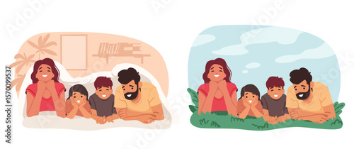 Happy family lying together enjoying relax time and leisure at home or outside cartoon scene set