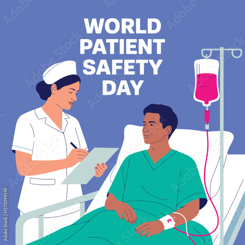 World Patient Safety Day Illustration Nurse Taking Notes on Patient's Condition in Hospital Bed with IV Drip, Promoting Healthcare Awareness and Medical Support on Blue Background.