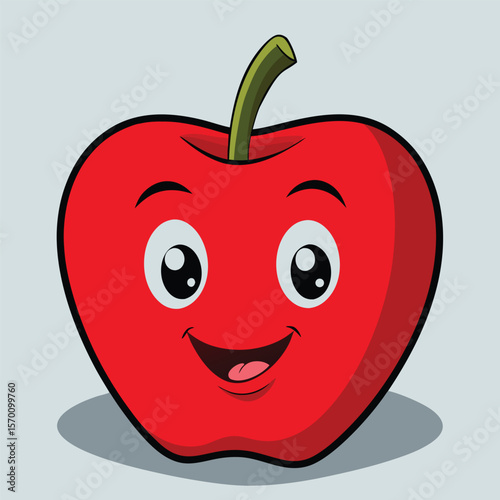 A cartoon apple with a happy face smiles cheerfully
